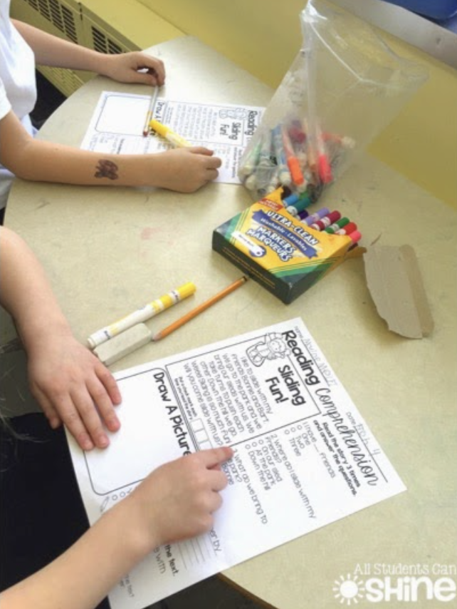 a reading comprehension sheet with a passage, drawing box and questions to practice fluency and comprehension in K-1